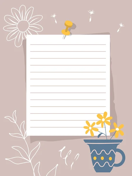 Sheet Ruled Paper Pinned Wall Note Paper Yellow Flower Blue — Stock Vector