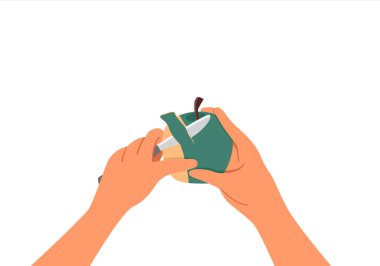 Elleri bıçakla yeşil bir elmayı soyuyordu. Üst Manzara. Evde yemek pişirme kavramı. Düz biçimli Vektör Resimleri beyaz arkaplanda izole edildi.