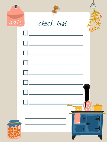 Template Check List Decorated Kitchen Elements Old Wood Burning Stove — Stock Vector