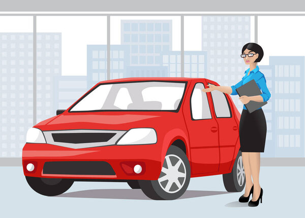 Автосалон. Продавщица показывает покупателю красную машину. Городской пейзаж на заднем плане. Покупка, продажа или аренда автомобиля. Векторная иллюстрация в плоском стиле