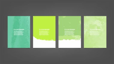 Poster, broşür veya el ilanı, suluboya posterler, el ilanları veya kartlar için yeşil vektör arkaplan seti. Sancak şablonu.