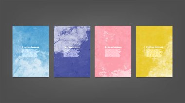 Poster, broşür veya el ilanı, suluboya posterler, el ilanları veya kartlar için renkli vektör arkaplan seti. Sancak şablonu.