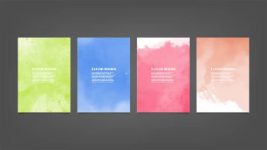 Poster, broşür veya el ilanı, suluboya posterler, el ilanları veya kartlar için renkli vektör arkaplan seti. Sancak şablonu.
