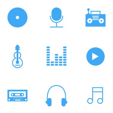 Müzik ikonu seti. CD, mikrofon, radyo ve diğer beyaz arkaplan simgeleri.