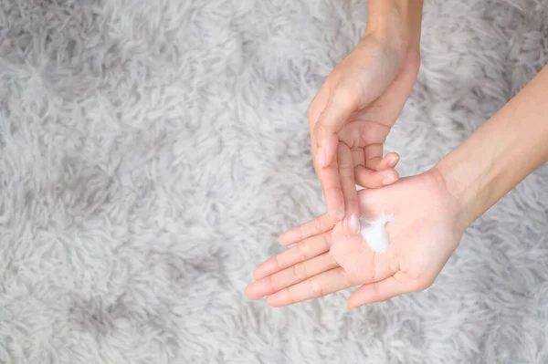 Woman Applying Moisturizing Hand Cream Hand Carpet Background Health Care — Photo