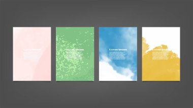 Poster, broşür veya el ilanı, suluboya posterler, el ilanları veya kartlar için renkli vektör arkaplan seti. Sancak şablonu.