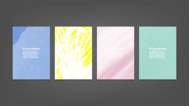 Poster, broşür veya el ilanı, suluboya posterler, el ilanları veya kartlar için renkli vektör arkaplan seti. Sancak şablonu.