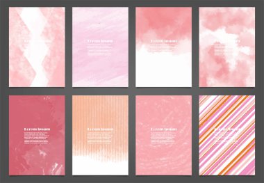 Poster, broşür ya da el ilanı, suluboya posterler, el ilanları ya da kartlar için pembe vektör arkaplan seti. Sancak şablonu.