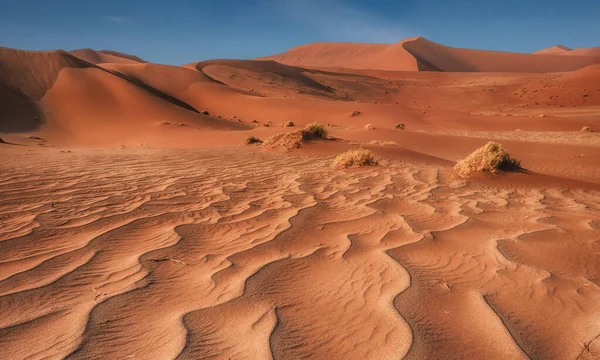İlginç çizgiler ve ön plandaki kum desenleri arka planda açık mavi gökyüzü ile büyük kırmızı kum tepeciklerine yol açıyor. Sossusvlei, Namib Çölü, Namibya.
