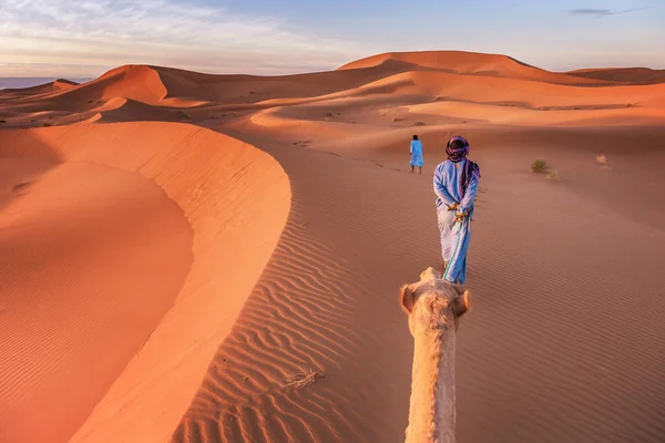 Nomadi Del Deserto Con Lunghe Vesti Blu Velo Che Guidano — Foto Stock