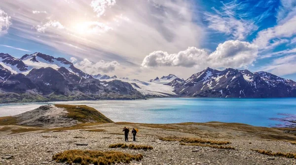 南乔治亚岛美丽的自然景观广博 天空壮观 高山白雪覆盖 广阔的咸水湾 前景暗淡 包括两名难以辨认的远足者 — 图库照片