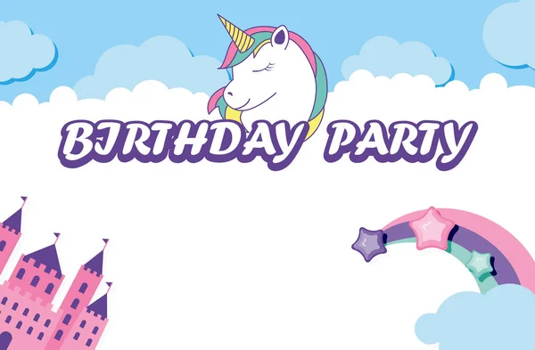 Şirin Tekboynuz doğum günü davetiye şablonu, renkli vektör çizimi