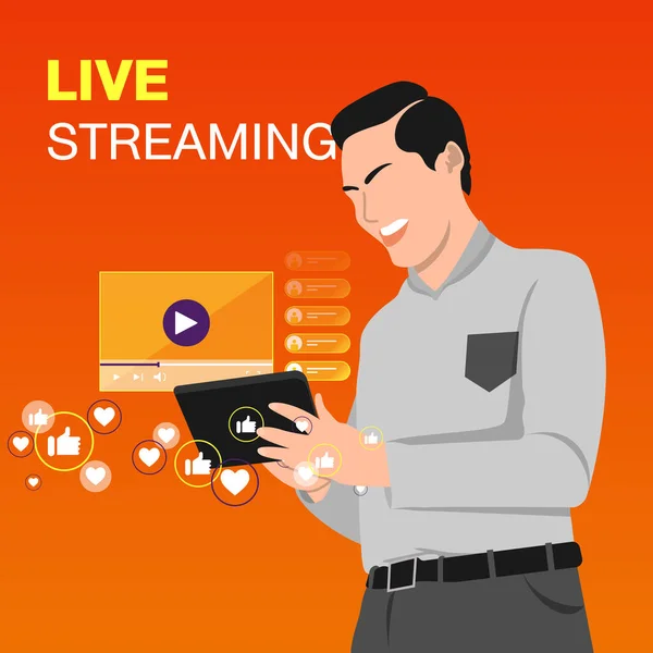 Adam canlı yayını izliyor. Sosyal ağ, Çevrimiçi İçerik. Tablet kullanan işadamı, renkli vektör illüstrasyonu