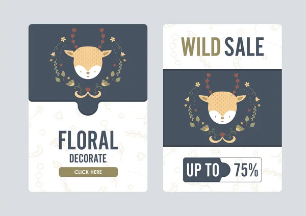 Venta Banner Floral Ciervo Lindo Ilustración Vector Colorido — Archivo Imágenes Vectoriales