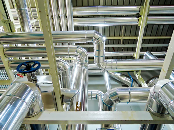 Process Boiler steel piping hot water steam in room for industry. — Stock Photo, Image