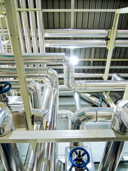 Process Boiler steel piping hot water steam in room for industry. — Stock Photo, Image