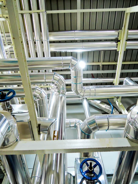 Process Boiler steel piping hot water steam in room for industry. — Stock Photo, Image