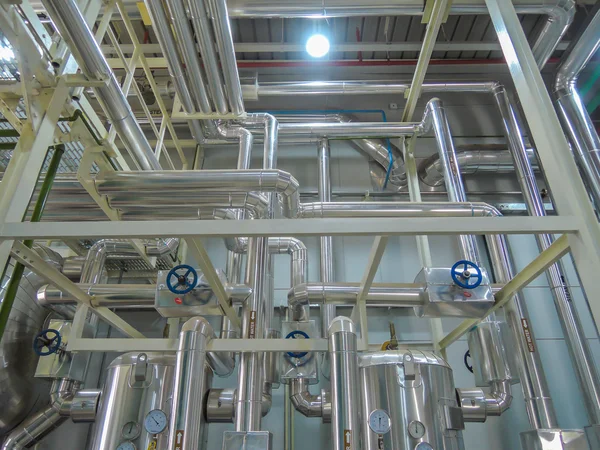 Process Boiler steel piping hot water steam in room for industry.