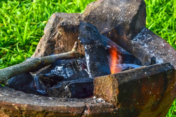 Burning charcoal in old stove — Stock Photo, Image