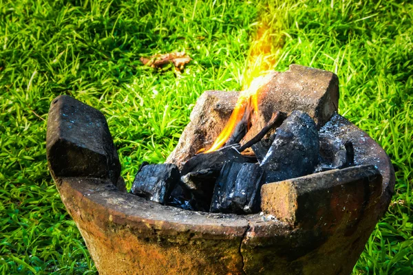Burning charcol in old stovae — Stock Photo, Image