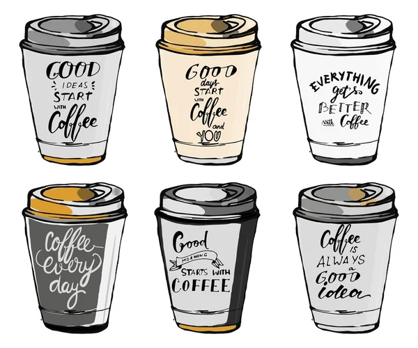 Satu set kutipan motivasi tentang kopi. .. Huruf tangan dan tipografi gubahan untuk desain Anda - Stok Vektor