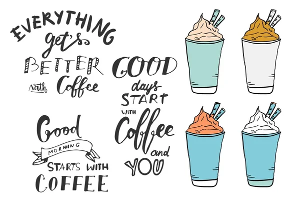 Conjunto de citas motivacionales sobre el café. .. Letras a mano y tipografía personalizada para su diseño — Archivo Imágenes Vectoriales