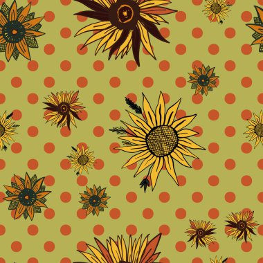 Dizaynınız için ayçiçeği desenli. El yapımı elementler. Polka noktaları arkaplan