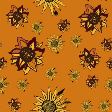 Turuncu arkaplanda ayçiçeği deseni