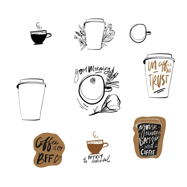 Set Vector Coffee Theme Stickers Cups Quotes - Stok Vektor