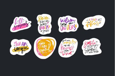 colorful letterings with compliments on white stickers, vector set