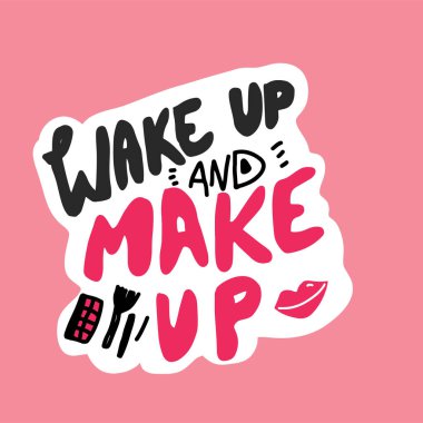pink poster with makeup tools and lettering wake up and make up