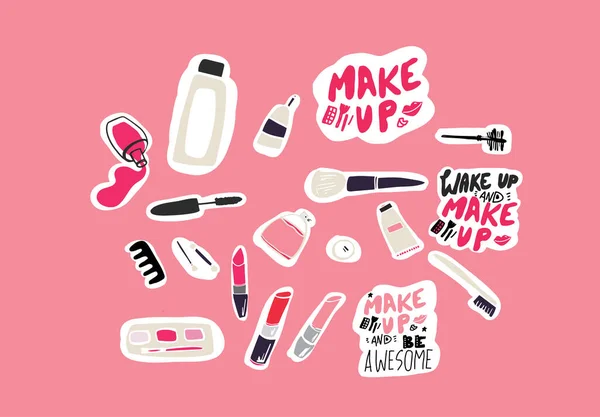 Set Drawn Makeup Theme Stickers — Stockvector