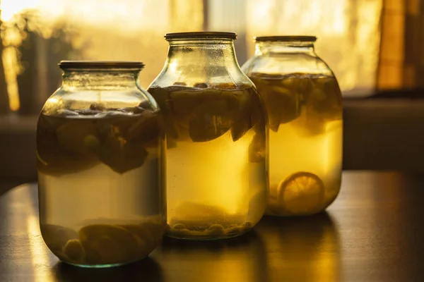 Apple Compote Glass Jars Kitchen Table Soft Evening Light — Stock Photo, Image