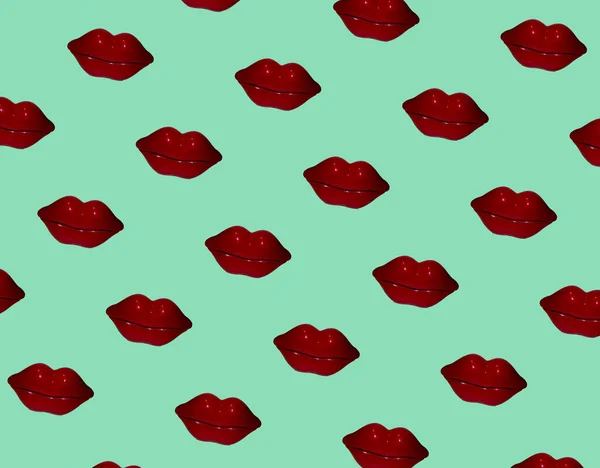 Lèvres Rouge Foncé Multipliées Sur Fond Vert Doux Composition Abstraite — Photo