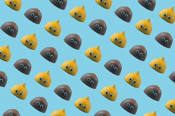 Lemon Kiwi Half Toy Eyes Multiplied Trendy Soft Blue Background — Stock Photo, Image