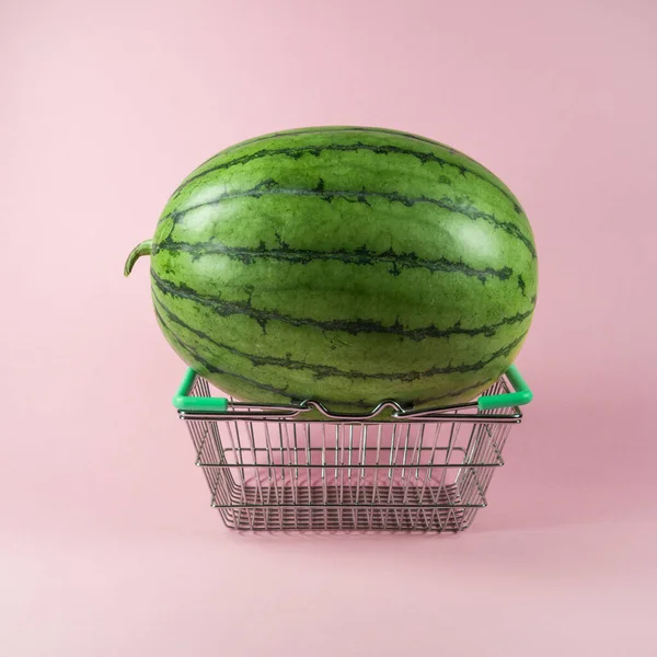 Watermelon Miniature Steel Shopping Basket Trendy Pastel Pink Background Groceries — Stockfoto