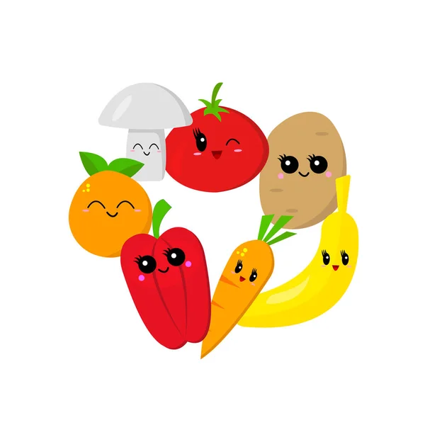 Conjunto Personajes Dibujos Animados Verduras Frutas Con Sonrisas Lindas Sobre — Vector de stock