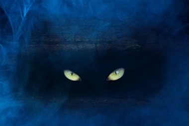 Sarı gözler, mavi bir hayaletin etrafındaki karanlık bir delikte parlıyor mistisizm ve cadılar bayramı kavramı.