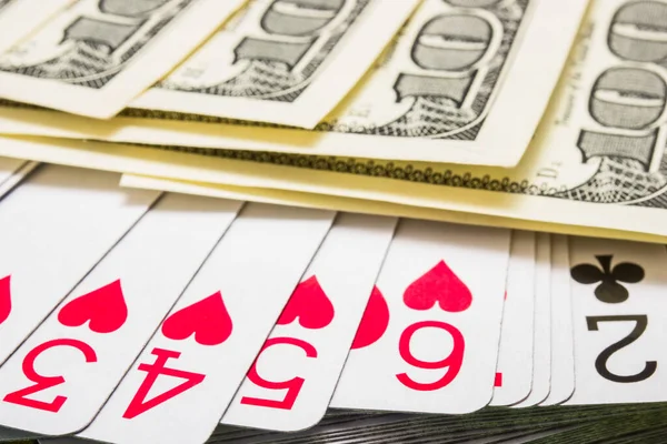 Deck Playing Cards Dollar Bills Closeup Casino Concept Wins — Stock Photo, Image
