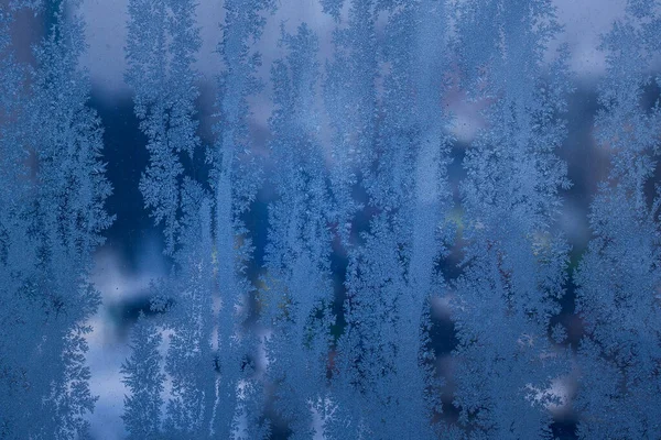 Patrones Hielo Nocturnos Sobre Una Ventana Invierno Congelada Fondo Primer — Foto de Stock