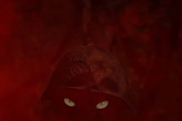 Geist Mit Leuchtenden Augen Einem Rostigen Militärhelm Geheimnisvoller Roter Nebel — Stockfoto