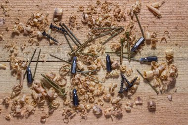 Tahta bir işyerindeki tornavida için çivi ve vidalar etrafa saçılmış. Endüstri ve ahşap işçiliği kavramı ince çiplerle kaplıydı.
