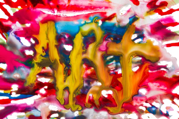 Het Woord Kunst Geschreven Gele Aquarel Een Veelkleurige Blob Close — Stockfoto