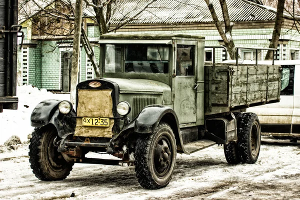 Old Vintage Military Car Winter Road — Stock Photo, Image