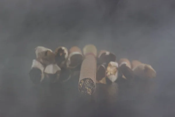 Cigarro Cheio Tabaco Encontra Fumaça Espessa Fundo Borrado Bundas Close — Fotografia de Stock