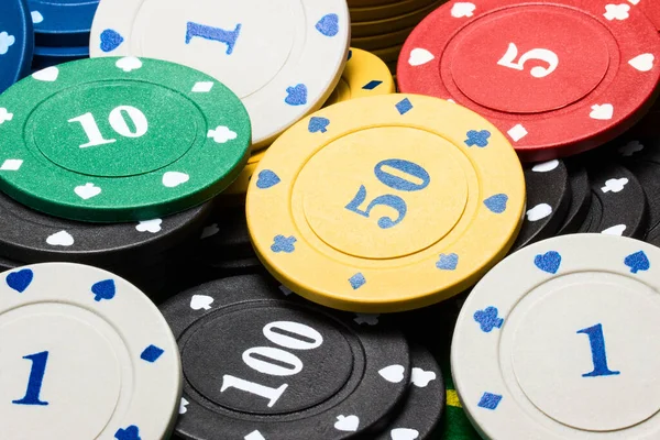 Multi Colored Different Value Poker Chips Closeup Concept Winnings Casinos — Stock Photo, Image