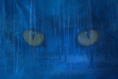 Ormanın ruhunun büyük şeffaf gözleri uzun çam ağaçları olan bir gece ormanının arka planında gizemli mavi bir sis ve cadılar bayramı konseptiyle kaplıdır.