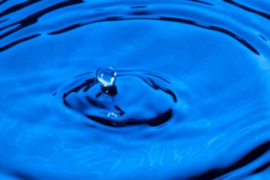 Koyu mavi suyun yüzeyi, doğa kavramına yakın bir damla ile.