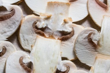 Şampiyon mantarları dizayn için ince düz parçalara bölünmüş konsept gıda arka planı