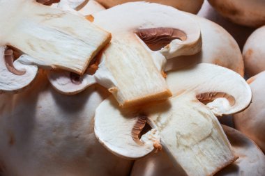 İyi doğranmış şampiyon mantarları yakın çekim iştah açıcı çiğ parçalar tüm mantarlar yemek ve pişirme konseptine karşı